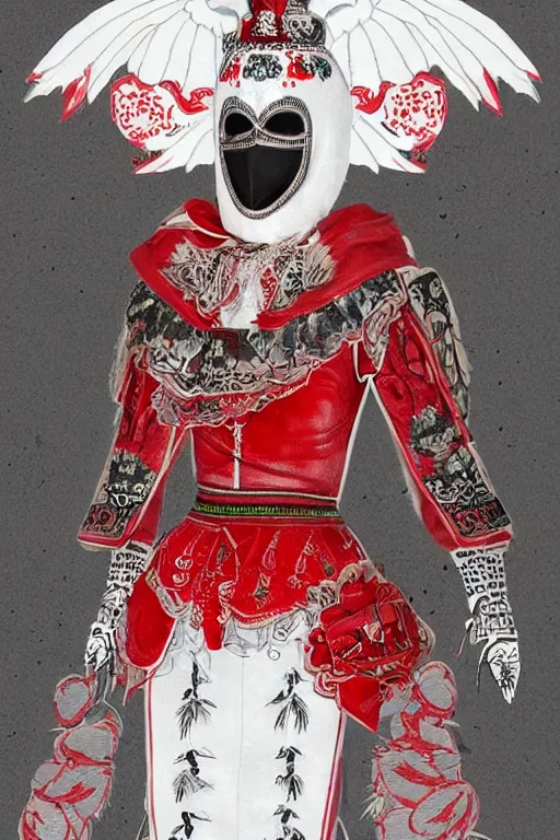 Image similar to female adventurer in tight full - body white embroidered leather armor of vyshyvanka design with red accents and a red porcelain crow mask, trending in artstation, ukrainian, establishing shot