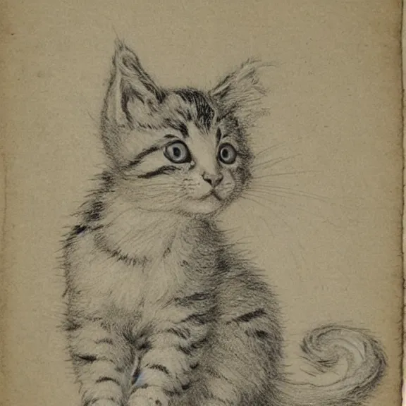 Image similar to a detailed, intricate drawing on parchment with white highlights of a cute kitten on a beach, by albrecht durer