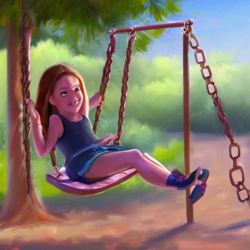 Image similar to A hyperdetailed digital oil painting of A girl is playing on a swing,cartoon, Trending on ArtStation and DeviantArt