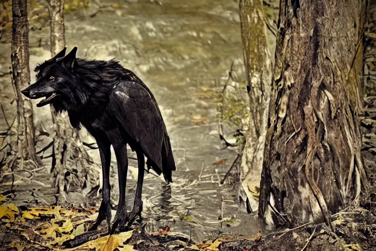 Image similar to ! human wolf crow werecreature, color photograph captured at creek