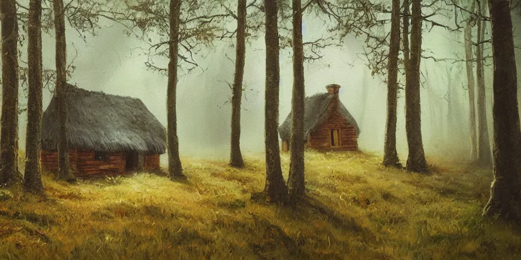 Image similar to a painting of a close up of a single cottage in the woods and empty woods, 8k, fantasy, hyper realistic, atmospheric lighting, cinematic