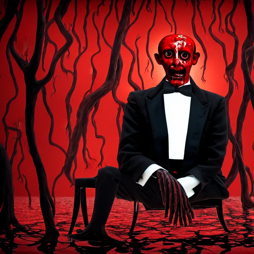 Prompt: a portrait of a man in a tuxedo with five heads, twelve arms, and sixteen legs, sitting on chair made of human limbs, the chair is floating in a lake of blood, surrounding the lake are melting trees, digital art, hyperrealistic nightmare scene, supernatural, highly detailed, creepy, terrifying