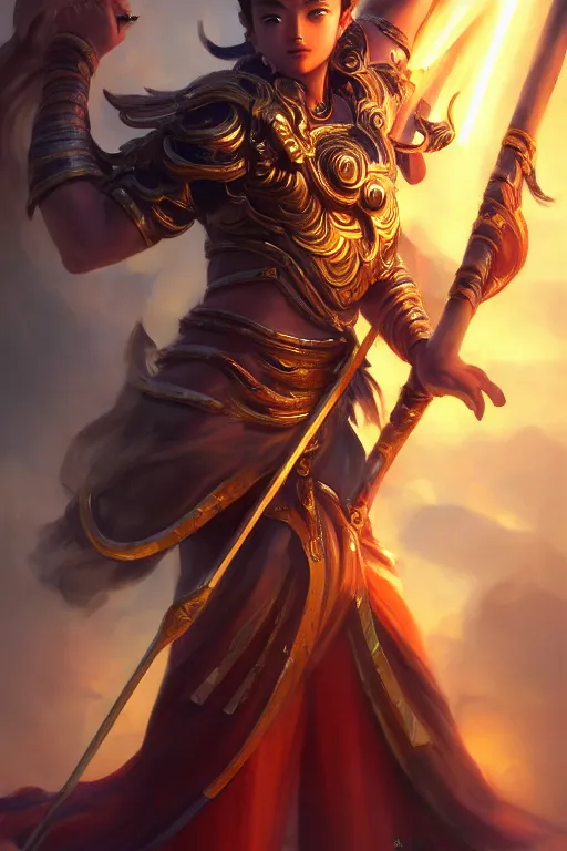 Image similar to a masterpiece portrait of nezha, legendary god holding spear, boy, flame everywhere, epic pose, fantasy character portrait, closeup shot, hyper detailed, digital painting, 8 k realistic, trending on artstation, sharp focus, dof, by fenghua zhong, artgerm, ne zha from smite, jeff easley, raymond swanland