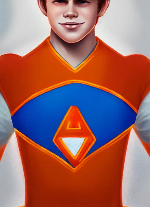 Image similar to friendly teenage archie andrews wearing an orange superhero costume with heart logo, heart, freckles, blue cape, heart emblem on chest, blue cape, intricate, elegant, glowing lights, highly detailed, digital painting, artstation, sharp focus, illustration, art by wlop, mars ravelo and greg rutkowski