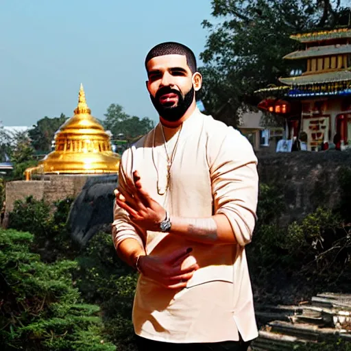 Prompt: photo of drake, gold necklace, buzz cut, beard, hindu temple in background
