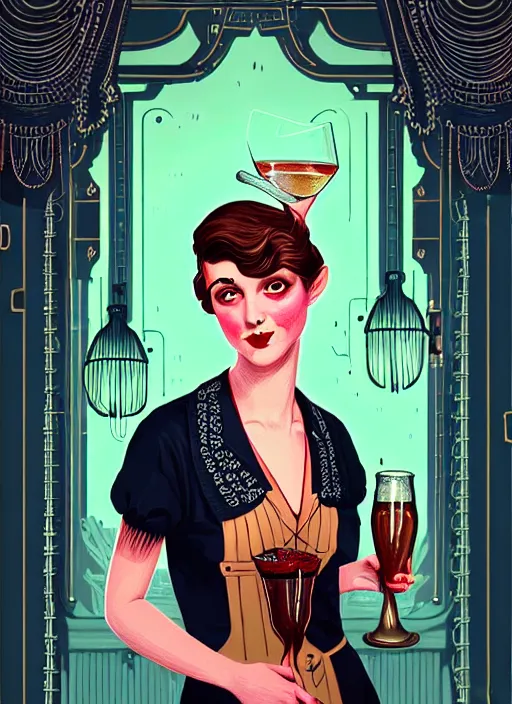 Prompt: character portrait of a young woman as a beautiful barmaid, cozy dark crowded 1920s speakeasy tavern, dystopian 1920s soviet mood, relaxed pose, pixie cut, intricate, wild, highly detailed, digital painting, artstation, sharp focus, illustration, art by Joe Fenton, vibrant deep colors, 🍸, 8k octane beautifully detailed render, post-processing, extremely hyperdetailed, Art Nouveau, masterpiece, dizzy, foggy
