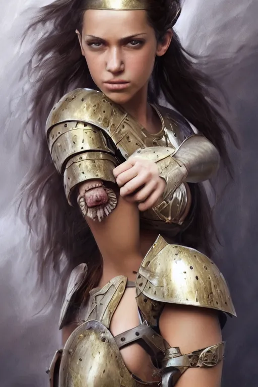 Prompt: a photorealistically painted portrait of an attractive young female, partially clothed in battle armor, with an abstractly painted background, flawless olive skin, fair complexion, long dark hair, beautiful bone structure, perfectly symmetric facial features, perfect photorealistic eyes, natural physique, intricate, elegant, digital painting, concept art, finely detailed, beautifully illustrated, sharp focus, minimal artifacts, volumetric lighting, from Metal Gear, by Ruan Jia and Mandy Jurgens and Artgerm and William-Adolphe Bouguerea, in the style of Greg Rutkowski, trending on Artstation, award winning art