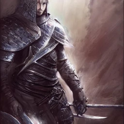 Prompt: messi crouching down holding a sword over his head by daniel gerhartz, artorias, abysswalker, dark souls, featured on deviantart, fantasy art, concept art, 2 d game art, official art