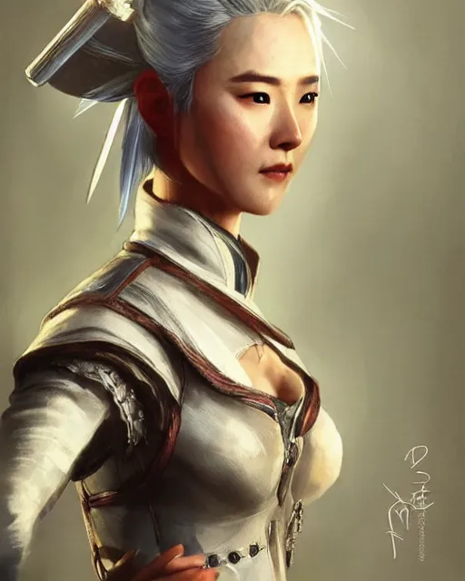 Image similar to Zhang Ziyi as Ciri from Witcher 3 by Artgerm and Greg Rutkowski, wearing haute couture by schiaparelli, sharp focus, sun rays, intricate, elegant, highly detailed, digital painting, masterpiece.