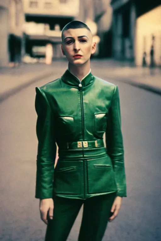 Prompt: ektachrome, 3 5 mm, highly detailed : incredibly realistic, perfect features, healthy skin tones, buzz cut, beautiful three point perspective extreme closeup 3 / 4 portrait photo in style of chiaroscuro style 1 9 7 0 s frontiers in flight suit cosplay paris seinen manga street photography vogue fashion edition