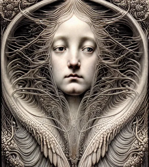 Prompt: detailed realistic beautiful angel goddess face portrait by jean delville, gustave dore, iris van herpen and marco mazzoni, art forms of nature by ernst haeckel, art nouveau, symbolist, visionary, gothic, neo - gothic, pre - raphaelite, fractal lace, intricate alien botanicals, ai biodiversity, surreality, hyperdetailed ultrasharp octane render