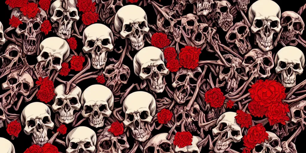 Image similar to a !!!!hellish landscape of skulls of different sizes, bones and flesh. Anime style.