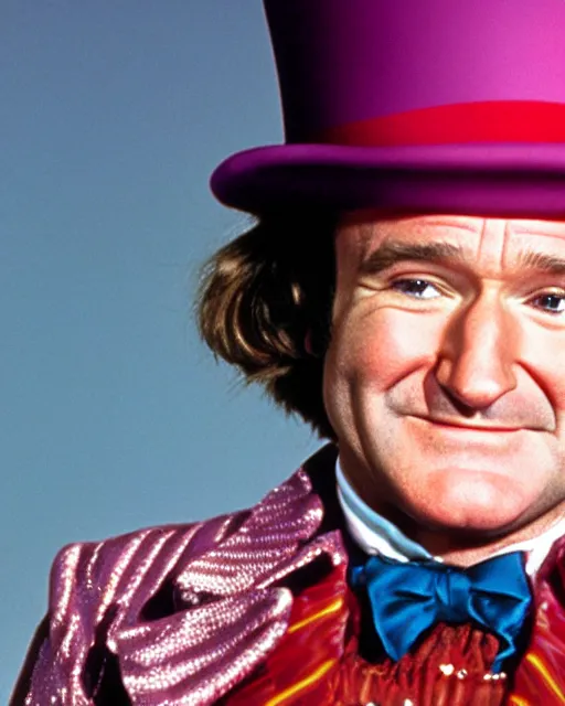 Image similar to Film still close-up shot of Robin Williams as Willy Wonka from the movie Willy Wonka & The Chocolate Factory. Photographic, photography