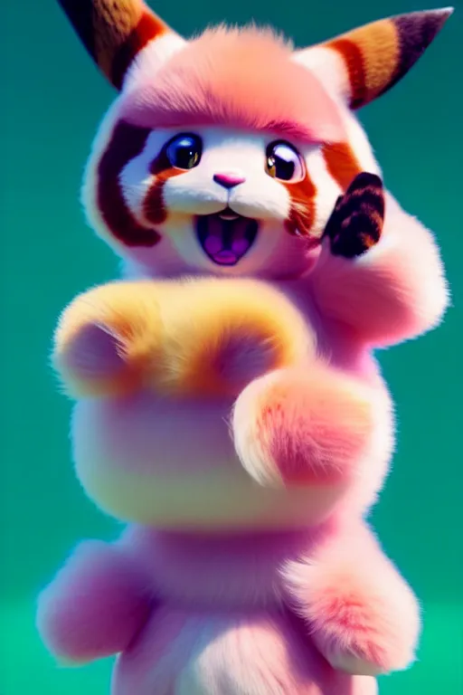 Image similar to high quality 3 d render hyperrealist very cute pastel fluffy! grumpy dragon red panda hybrid eating giant ice cream full body, vray smooth, in the style of detective pikachu, hannah yata charlie immer, dramatic pink light, low angle, uhd 8 k, sharp focus