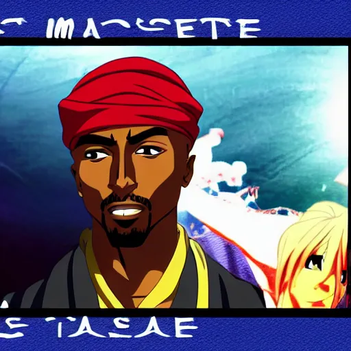 Image similar to Tupac Shakur, screenshot from a 2012s anime