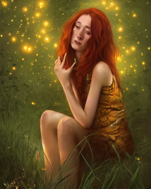 Prompt: a young woman, admiring the lights of golden fireflies, sitting in the midst of nature fully covered with a wonderful dress, long loose red hair, intricate details, green eyes, small nose with freckles, oval shape face, soft happy smile, realistic, expressive emotions, hyper realistic art by marco grassi
