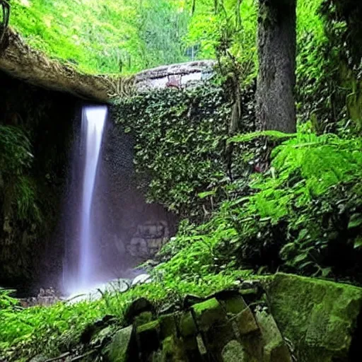 Image similar to abandoned, overgrown, underground bunker, room with waterfall and lake, beautiful, underground