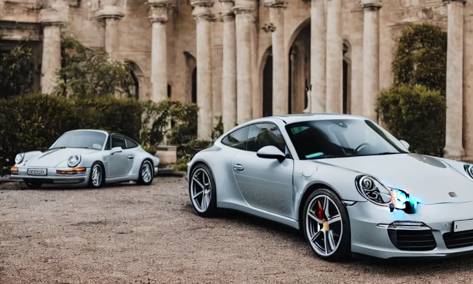 Image similar to closeup photo of a porsche 911 standing in a beautiful palace, dof, chromatic aberration