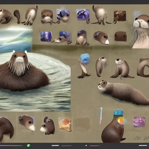 Image similar to character set, concept art, otters playing, 3 d render, pixar, dreamworks,