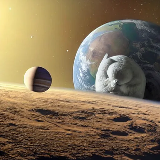 Prompt: photo of big chungus in space next to the planet Earth, realistic highly-detailed