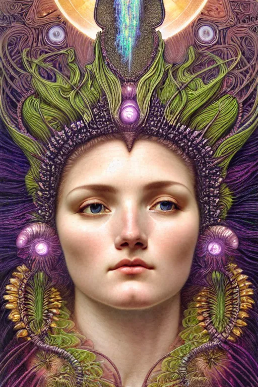 Image similar to hyperrealistic detailed face portrait of the beautiful goddess of the northern lights with an intricate headgear of a beautiful landscape, art by ernst haeckel, john william godward, android jones, alphonso mucha, h. r. giger, gothic - cyberpunk, ornamental, dimmed pastel colours,