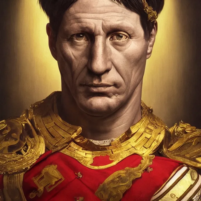 Image similar to excellent painted portrait of the Caesar Invictus the last Emperor of New Rome, dramatic lighting of an emperor's final moment, masterpiece painting with detailed face, 4k, trending on artstation, octane render, art by artgerm and greg rutkowski and alphonse mucha and craig mullins and James Jean and Andrei Riabovitchev and Marc Simonetti and peter mohrbacher