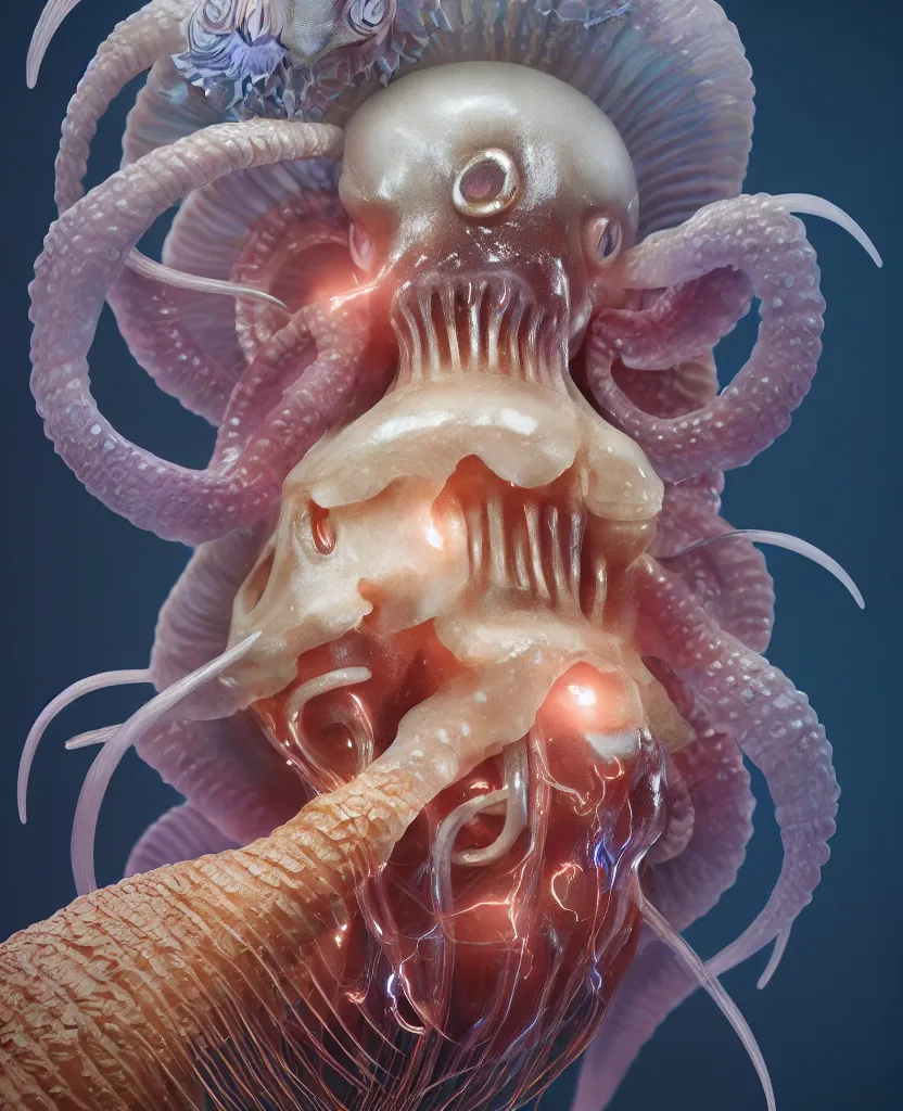 Image similar to goddess close-up portrait ram skull. jellyfish phoenix head, nautilus, orchid, skull, betta fish, bioluminiscent creatures, intricate artwork by Tooth Wu and wlop and beeple. octane render, trending on artstation, greg rutkowski very coherent symmetrical artwork. cinematic, hyper realism, high detail, octane render, 8k