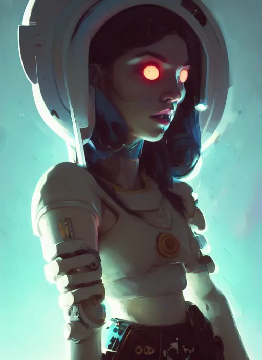 Image similar to portrait of cute psyker maiden girl, warhammer, cyberpunk by atey ghailan, by greg rutkowski, by greg tocchini, by james gilleard, by joe gb fenton, by in kaethe butcher, dynamic lighting, gradient light blue, brown, blonde cream and white color in scheme, grunge aesthetic