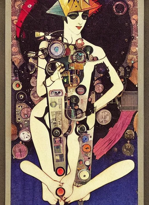 Prompt: cute punk goth fashion fractal alien martian girl with a television head wearing kimono made of circuits and leds, surreal Dada collage by Man Ray Kurt Schwitters Hannah Höch Alphonse Mucha