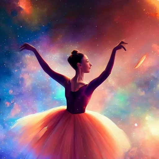 Prompt: a ballerina dancing in space, warm lighting with cool shadows, digital painting, detailed, trending on artstation, nebulas in background, expressive digital painting, in the style of dominik mayer marco bucci, gaston bussiere, and norman rockwell, beautiful nebulas in the background, 8 k, hard lines, particles, ray tracing, realism