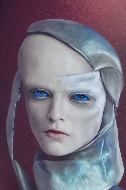 Image similar to hyperrealism oil painting, close - up portrait of albino medieval fashion model, knight, steel gradient mixed with nebula sky, in style of baroque