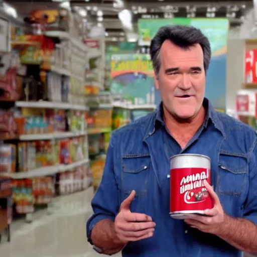 Image similar to Bruce Campbell holding can of campbell soup to the camera, 4k,