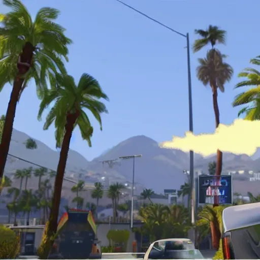 Image similar to Lebron James in GTA V . Los Santos in background, palm trees. in the art style of Stephen Bliss