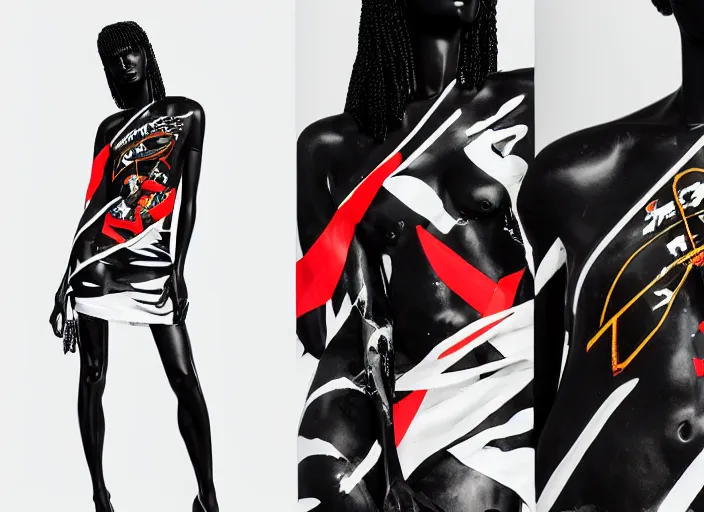 Prompt: black marble statue of a beautiful woman with colorful motocross logos in the style of virgil abloh, very very beautiful, detailed, off white, heron preston, 8 k, 4 k, detailed, beautiful, symmetrical, vogue, editorial, fashion, magazine, model