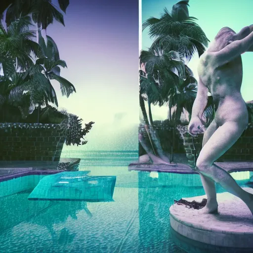 Image similar to a broken statue in a surreal underground white tiled swimming pool surrounded by neon lights and palm trees in vapor wave style, 3D octane render, hyperrealistic, finely detailed, dramatic lighting, neon lighting, unreal engine, houdini, 8k, 4k, raytracing