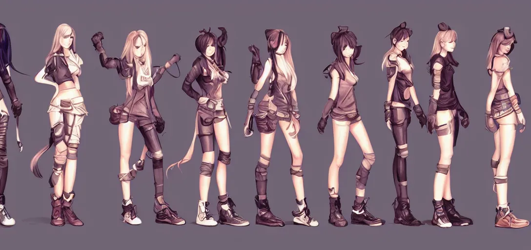Prompt: character sheet concept art of female video game characters, unique silhouettes, cute casual streetwear, by marc brunet and artgerm