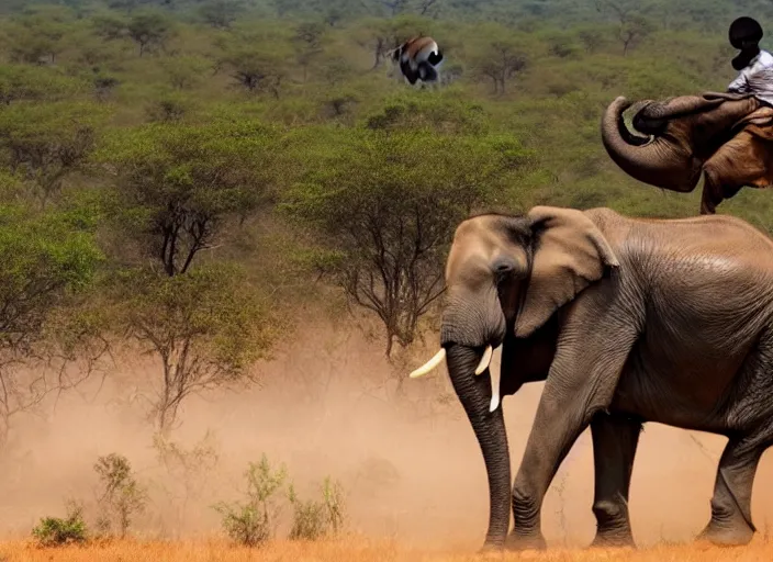 Image similar to film still, extreme wide shot of an tribal african man riding an elephant alone on the savannah, extreme long shot, 4 k, award winning