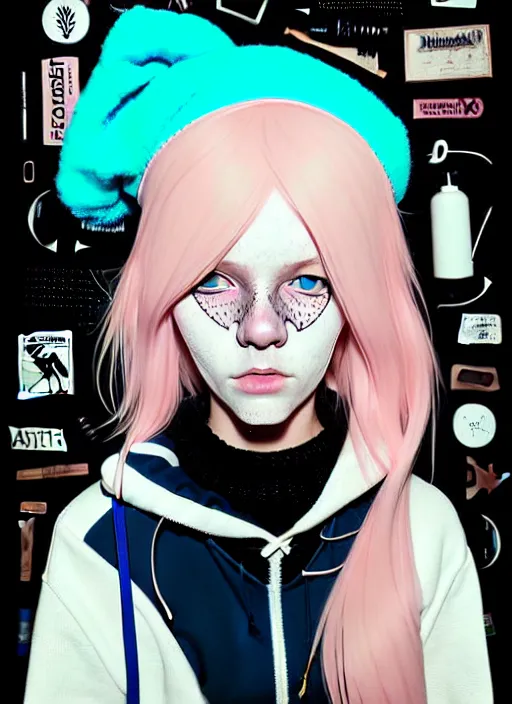 Image similar to highly detailed portrait of a swedish sewer punk lady student, blue eyes, tartan hoody, hat, white hair by atey ghailan, by greg tocchini, by kaethe butcher, by james gilleard, gradient pink, black, brown, cream and light blue color scheme, grunge aesthetic!!! ( ( graffiti tag wall white background ) )