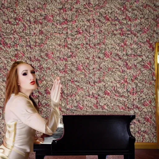 Image similar to contrapoints playing piano in an opulent house with fancy wallpaper