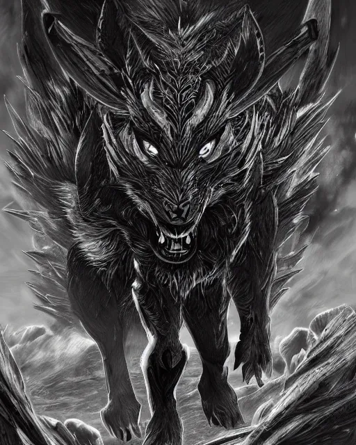 Prompt: A minotaur wolf, full body, black and white, highly detailed, close-up, fantasy art, monster art, in the style of masami kurumada, illustration, epic, fantasy, intricate, hyper detailed, artstation, concept art, smooth, sharp focus, ray tracing