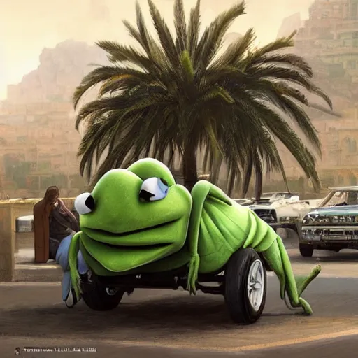 Image similar to photo of kermit driving a car, wlop, moroccan city, mosque, palm trees, redneck country, style in digital painting, concept art, smooth illustration, by ruan jia and mandy jurgens and william - adolphe bouguereau, artgerm