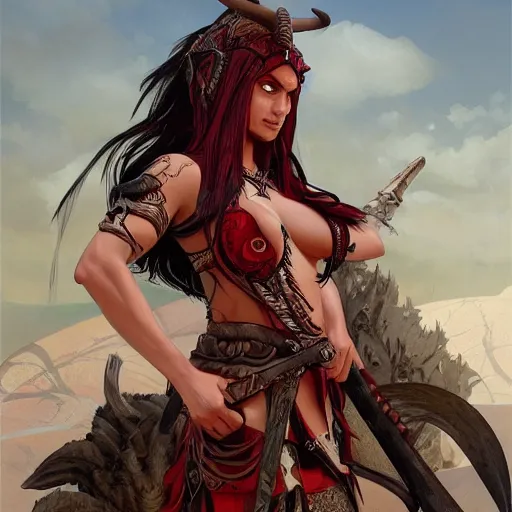 Prompt: portrait of a female berber barbarian tiefling with red skin, straight horns, black hair, ponytail, steel breastplate, in a desert, strong, fierce, fantasy, intricate, elegant, highly detailed, digital painting, artstation, concept art, character art, smooth, sharp focus, illustration, art by greg rutkowski and alphonse mucha