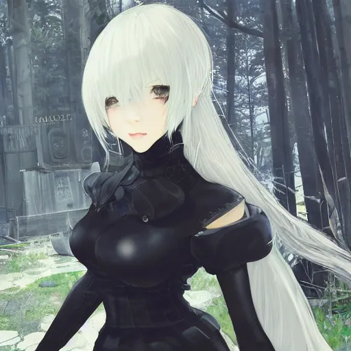 Image similar to beautiful portrait of 2B from nier automata, forest, junkyard, pretty, semi realistic anime, hyper detailed, 8k, DeviantArt, Instagram, Behance, Artstation, trending on artstation, Pixiv, Pixiv daily ranking, art of silverfox, Yee Chong Silverfox, Sydney Hanson, Mickael Lelièvre, Jaeyeon Nam, derevschikova, Elina Karimova