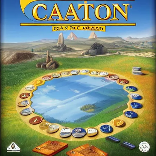 Image similar to contemporary new Catan board game box design, realistic, dynamic lighting, volumetric lighting, high detail render, 4k, HDR