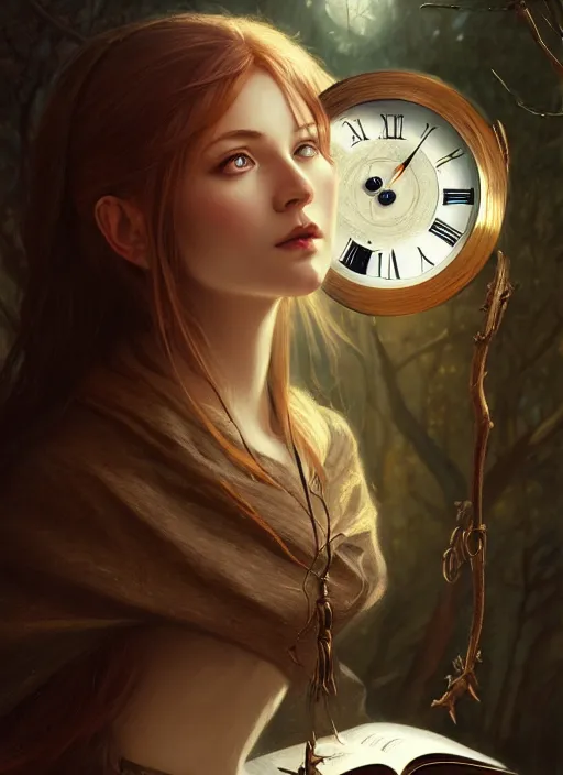 Image similar to a clock and a witch, elegant, sharp focus, illustration, highly detailed, digital painting, concept art, matte, art by wlop and artgerm and ivan shishkin and andrey shishkin, masterpiece