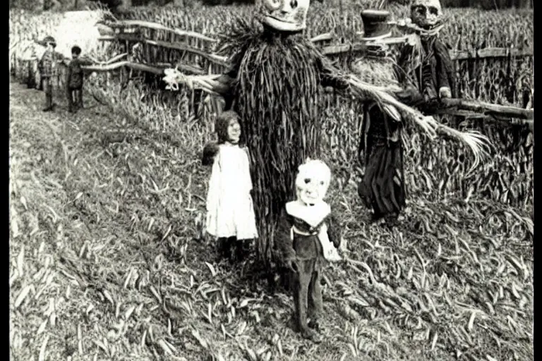 Image similar to disturbing scarecrow from the early 1 9 0 0's leading children into the cornfields