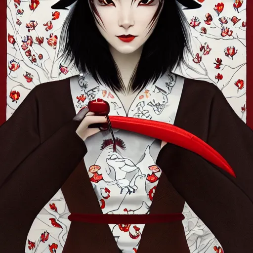 Prompt: portrait of a female crow tengu journalist with short black hair and a tiny red hexagonal hat, wearing a white shirt and a black and autumn leaf patterned skirt, beautiful and detailed digital art, 4 k hd, ross tran, bo chen, rebecca oborn, michael whelan