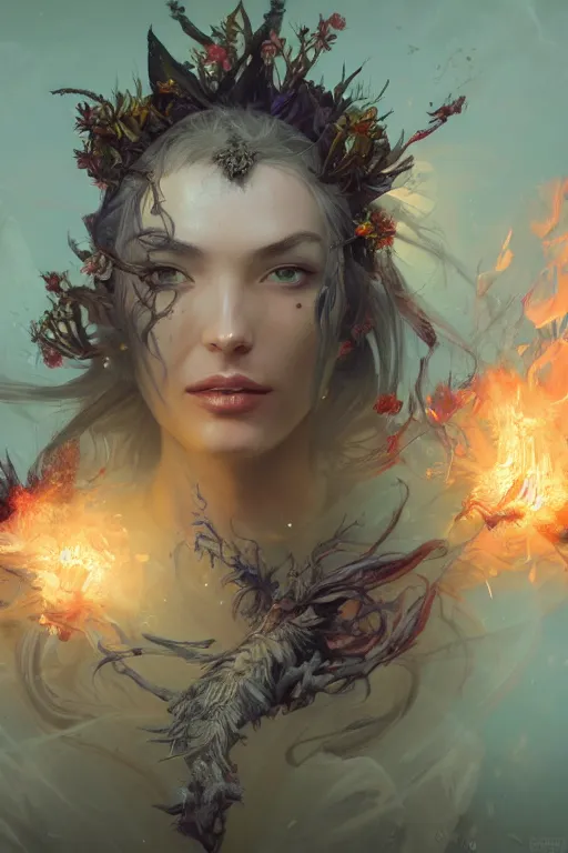 Image similar to face closeup of beautiful girl necromancer, witch - doctor exploding into flowers, angels, 3 d render, hyper - realistic detailed portrait, holding fire and electricity, forest, wings, leaves and magic, ruan jia, wlop. scifi, fantasy, magic the gathering, hyper detailed, octane render, concept art, peter mohrbacher