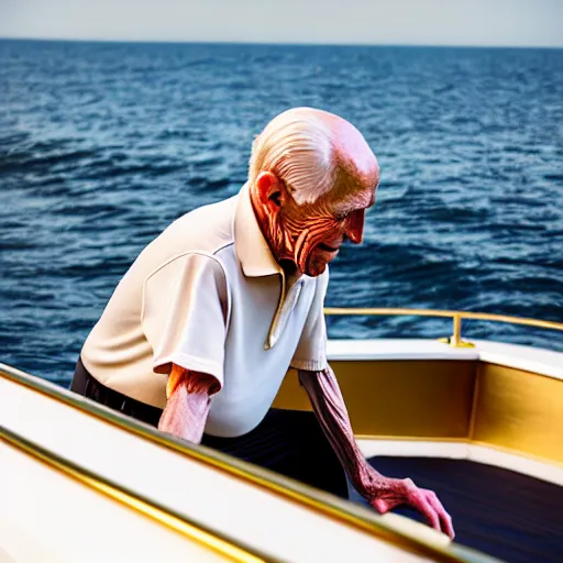 Image similar to wrinkled hunchbacked old man polishing the side of a gold plated mega yacht