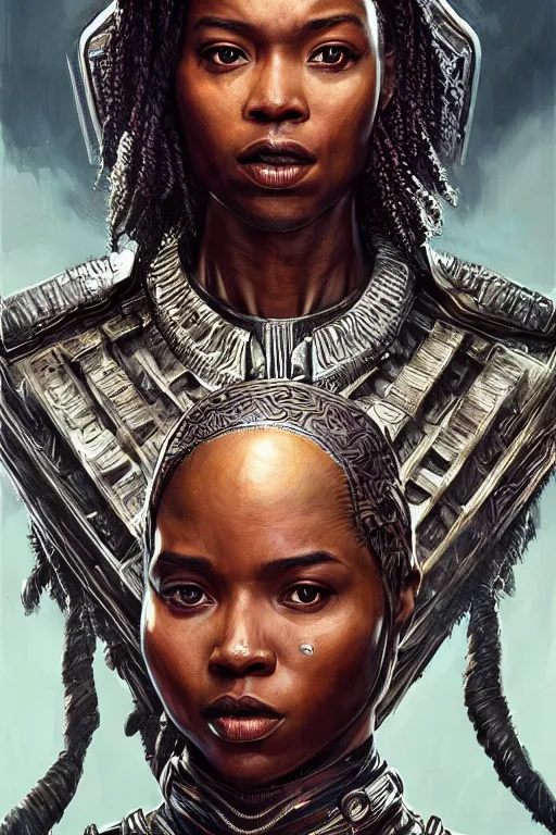 Prompt: ultra realistic illustration, closeup portrait shot, wakandan warrior in game kf thrones chair, perfect lighting, hacknaut cyberpunk, sci - fi, fantasy, intricate, elegant, highly detailed, digital painting, artstation, concept art, smooth, sharp focus, illustration, art by artgerm and greg rutkowski and alphonse mucha